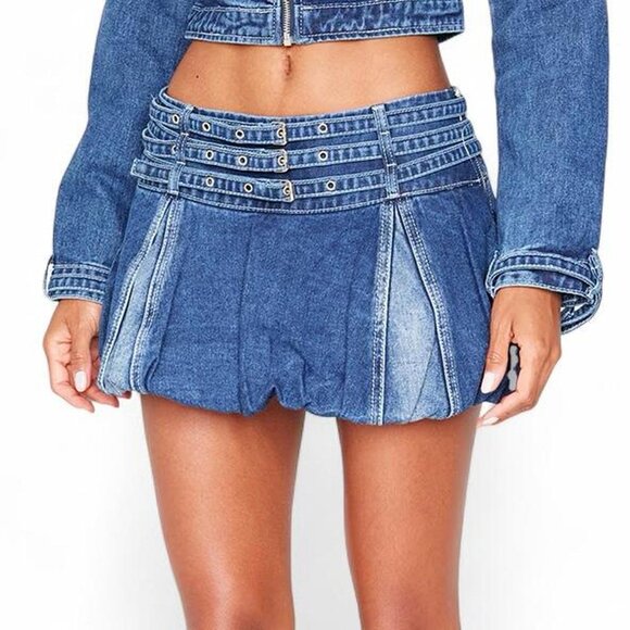 PrettyLittleThing Dresses & Skirts - Indigo Buckle Detail Denim Puffball Mini Skirt
